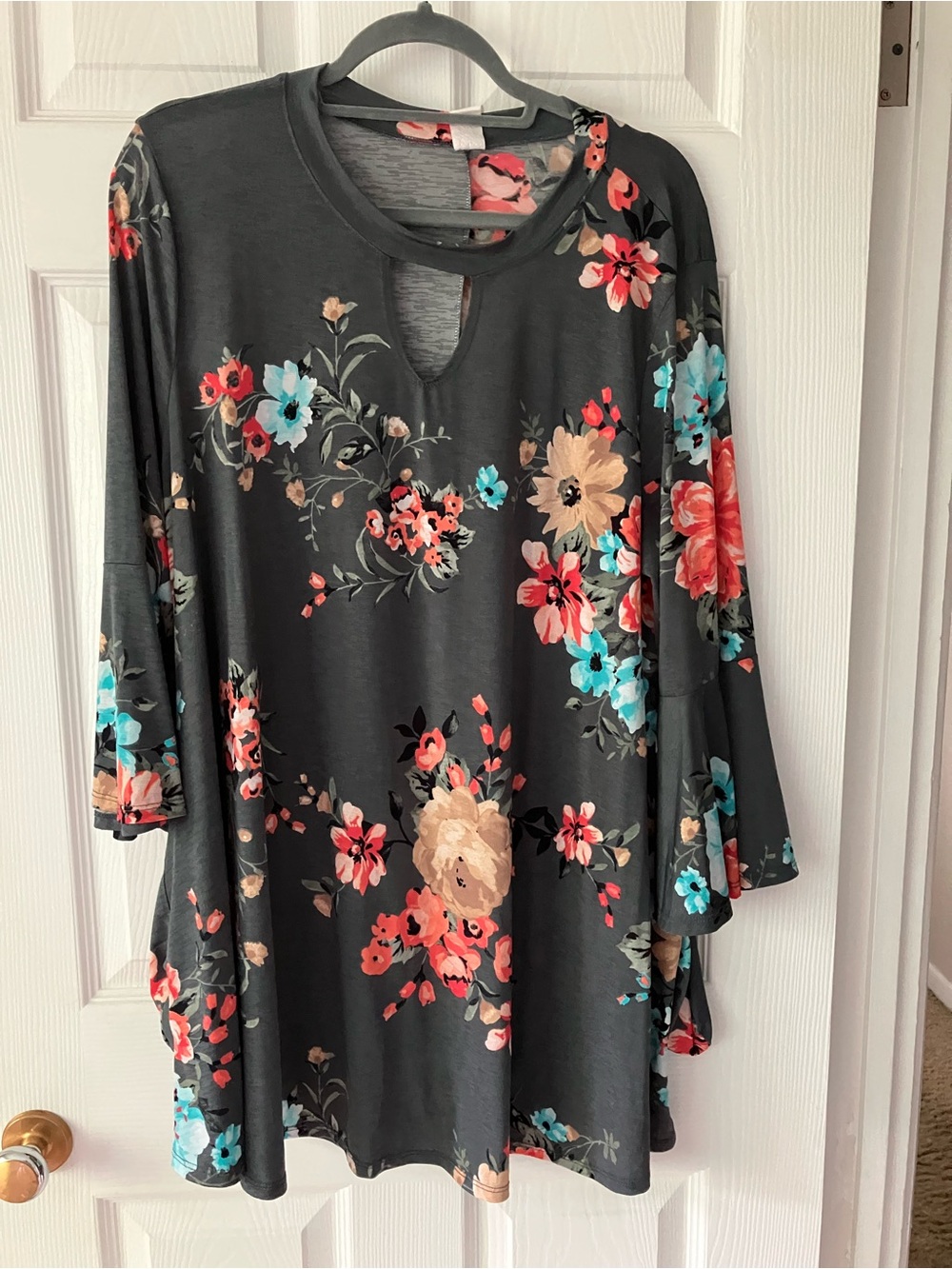 Floral Keyhole Tunic Top - Charcoal with Coral & Teal Flowers